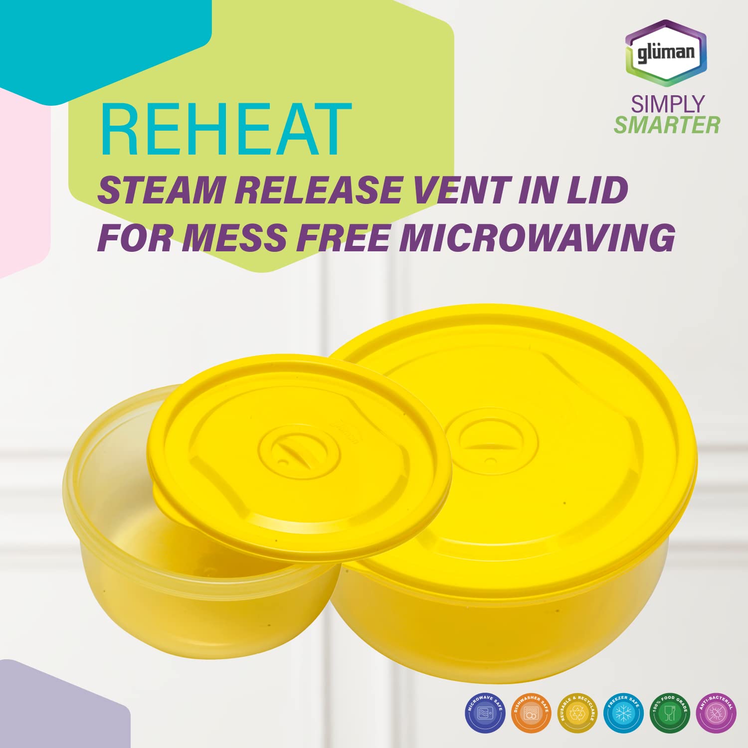 Gluman Plastic Microwave Container Set of 4 With Vent Knob For Steam Release | 100% Food Grade | Dishwasher Safe | Freezer Safe